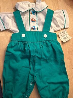 Vintage Baby Teal Suspender Overalls with White Embellished Bodice